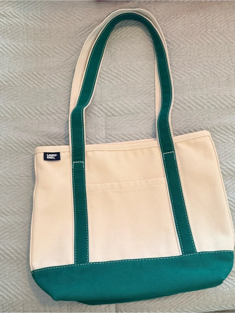 Lands' End Cream Canvas Tote with Green Trim and Base